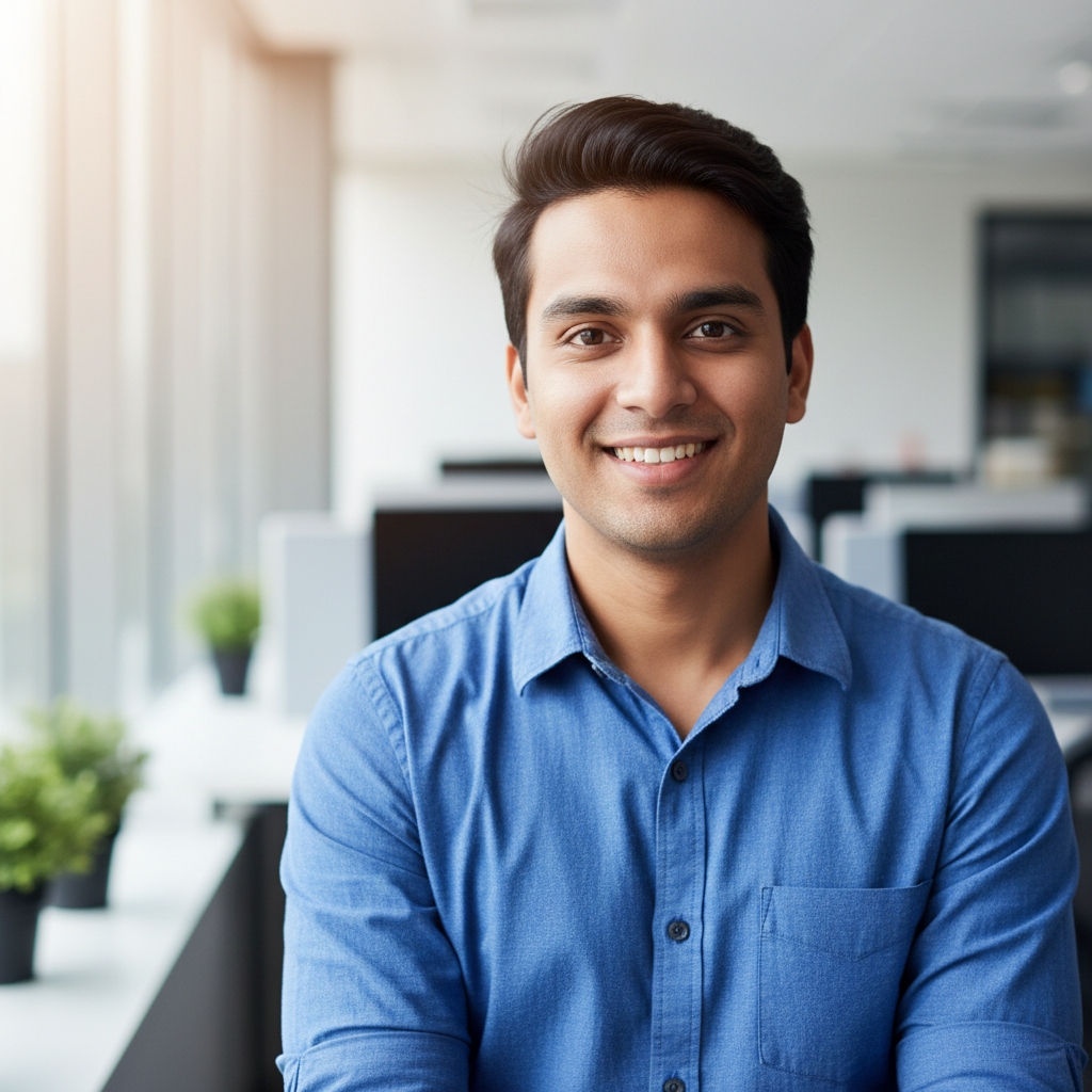 Indian male engineering manager in formal shirt, bright professional background, confident expression