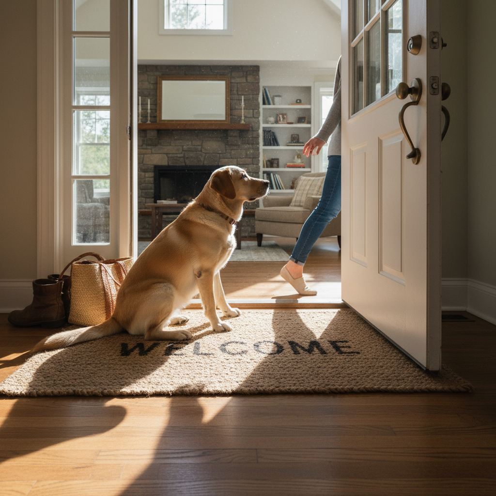 Labrador retriever lying calmly on a dog bed near a front door