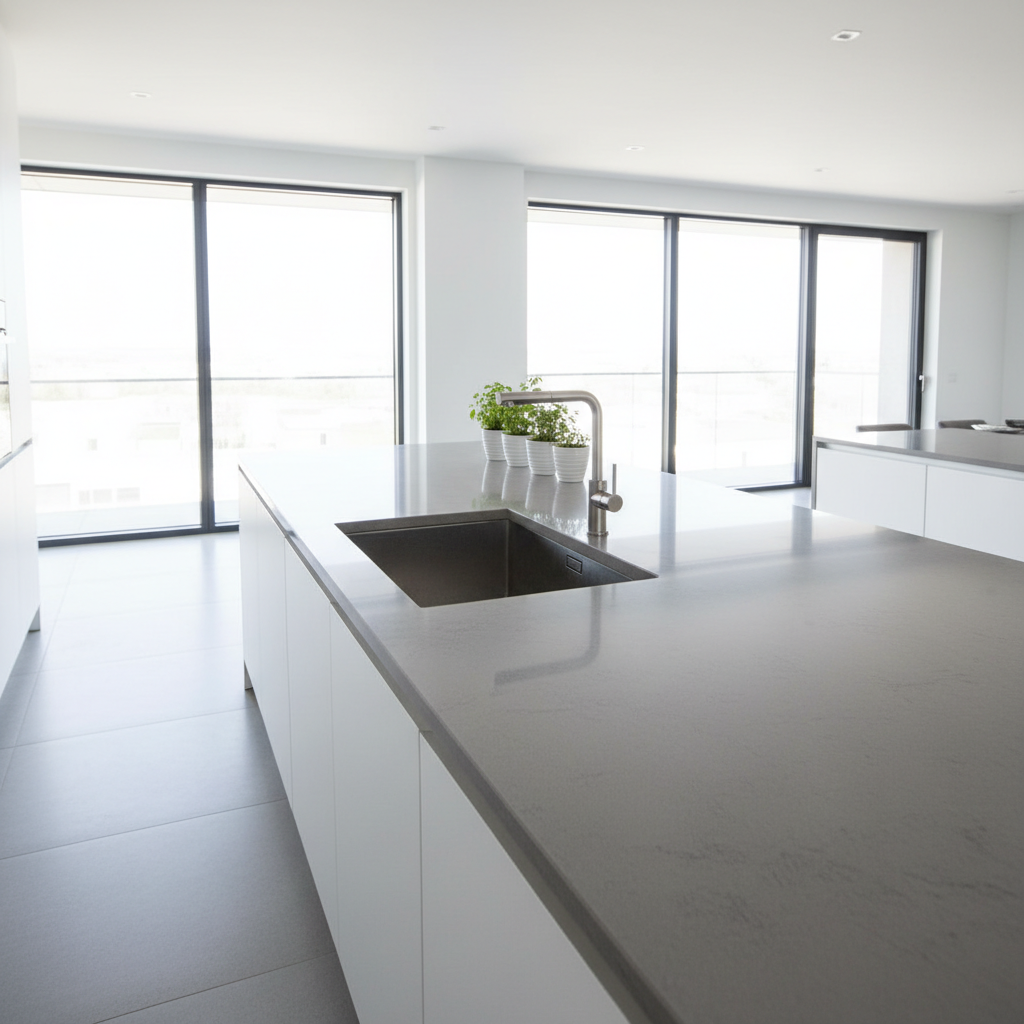 Gray concrete-look quartz countertop in contemporary kitchen with undermount sink