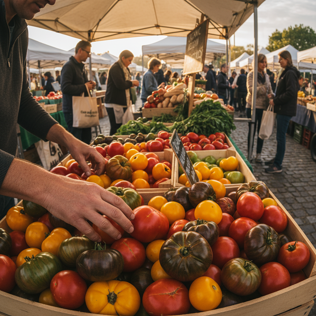 Hands selecting heirloom tomatoes at dawn farmers market, morning light illuminating deep red and gold varieties