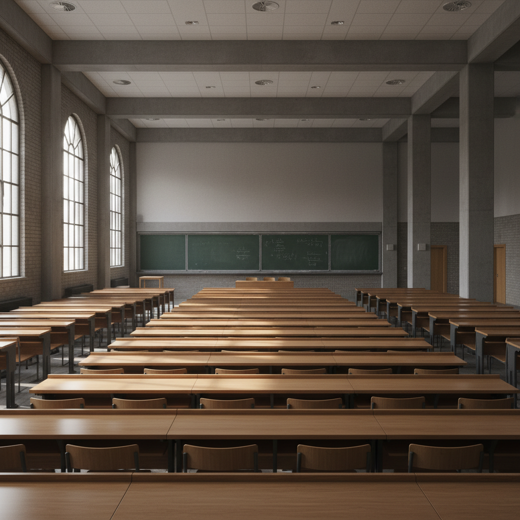 Aula universitaria vacía con pupitres ordenados y pizarrón verde al fondo con luz natural lateral