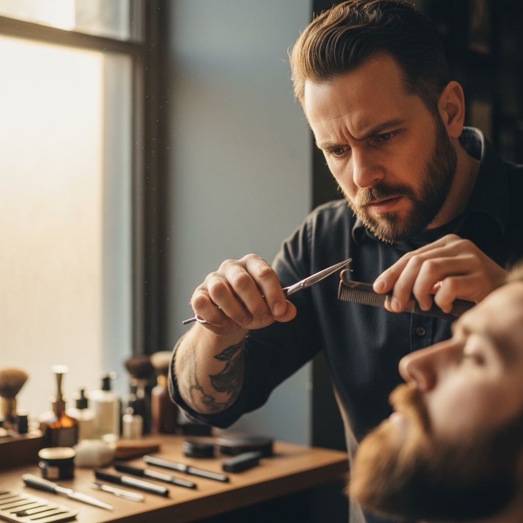 Verzorgde man na complete barbershop behandeling met perfecte knip en baard