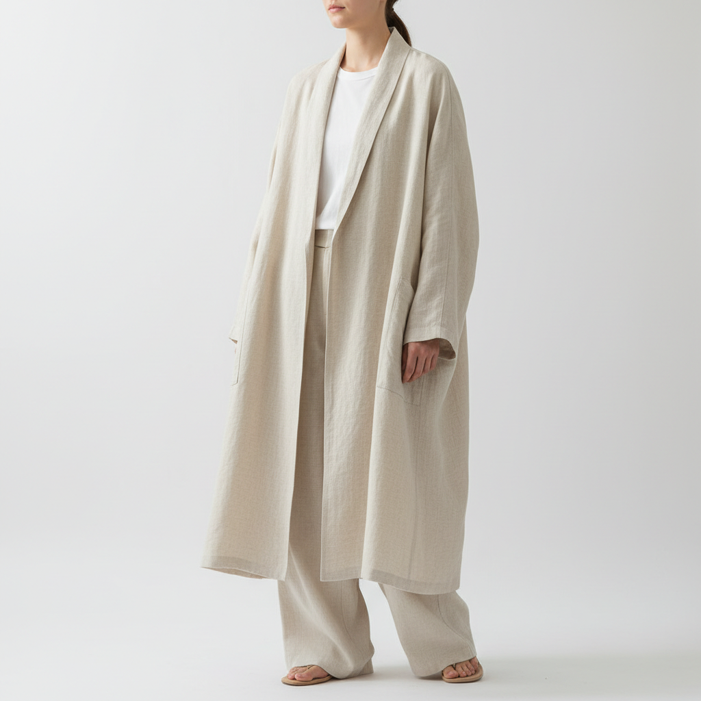 Model wearing cream linen cocoon jacket against a bright airy white studio background