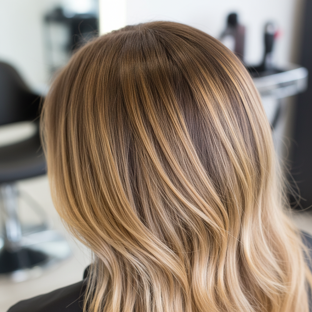 Luxury hair color balayage technique in upscale salon with soft studio lighting