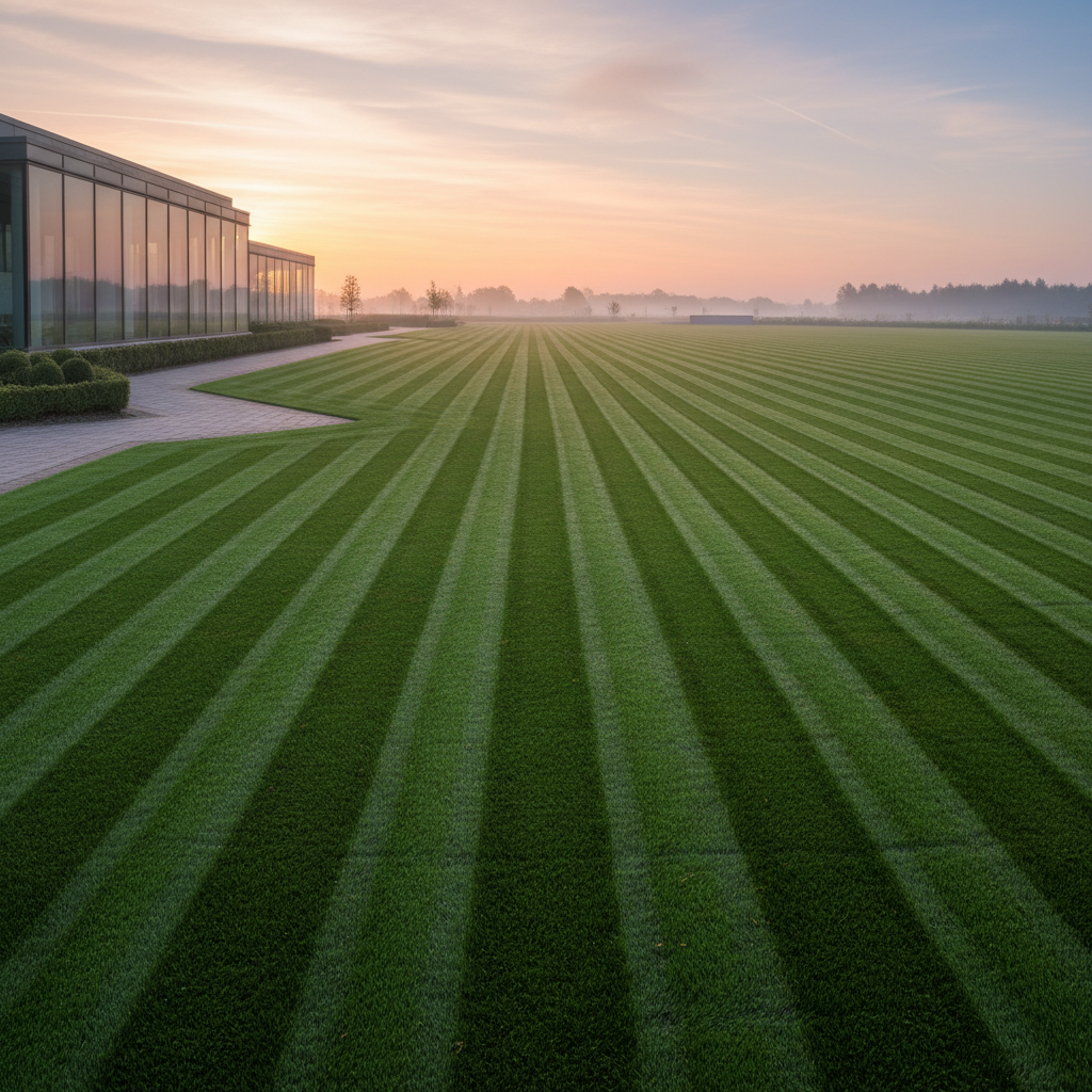 Perfectly striped commercial lawn at dawn with sharp edges