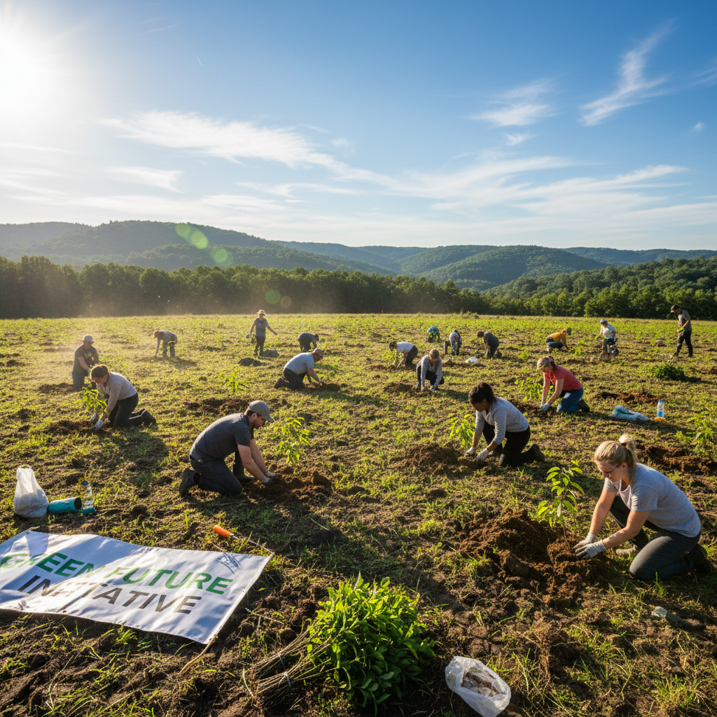 Volunteers planting saplings in a green field, bright sky, earthy soil, hands working together