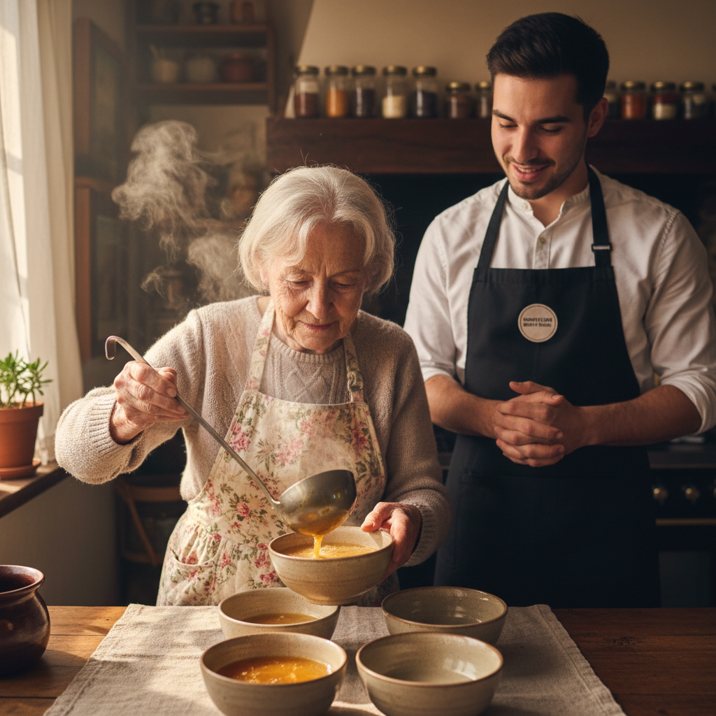 Grandmother ladling hot broth into bowls beside young franchisee in apron