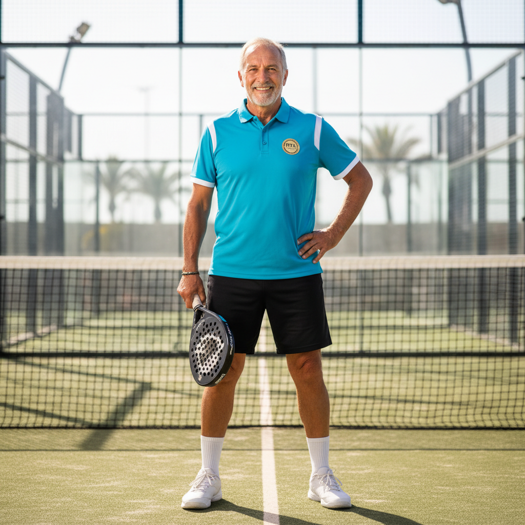 Marcus Webb, 40s, competitive tennis player in white polo shirt smiling on court