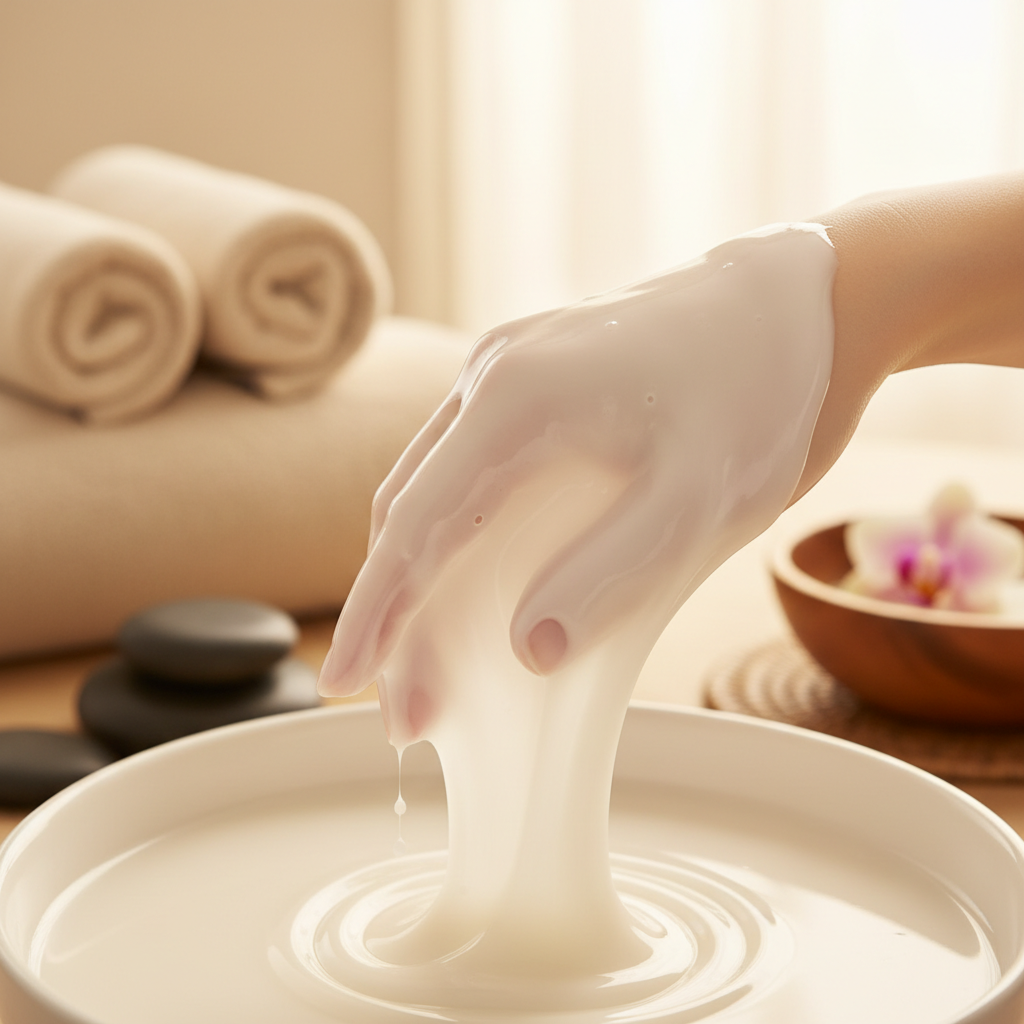 Warm paraffin wax treatment applied to hands for deep moisturizing in a spa