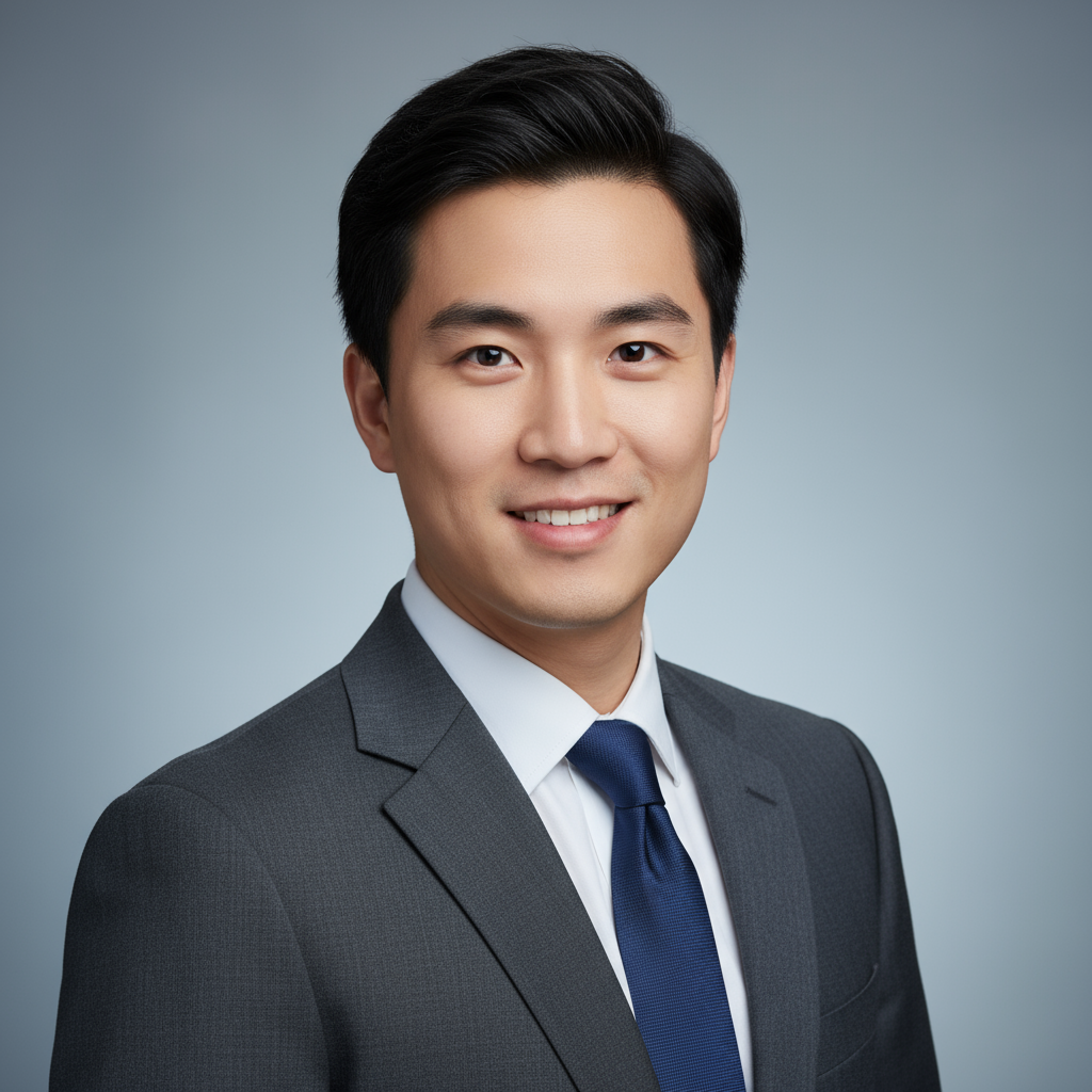 Professional headshot of Alex Chen, founder and CEO, wearing navy blazer with confident smile in modern office setting