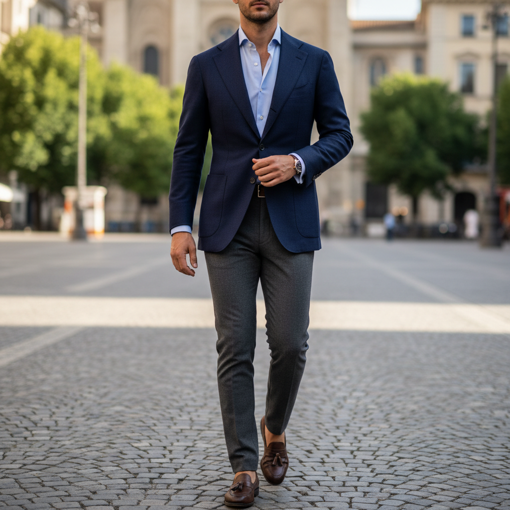 Daniel mid-stride in his altered navy blazer, shoulders sitting perfectly
