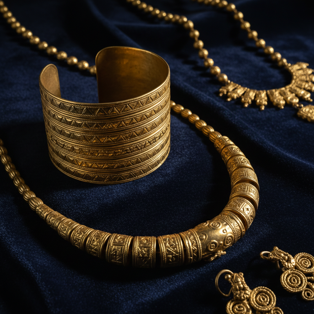 Ancient jewels and gemstones on dark velvet in dim museum lighting, dramatic shadows, close-up detail, atmospheric depth