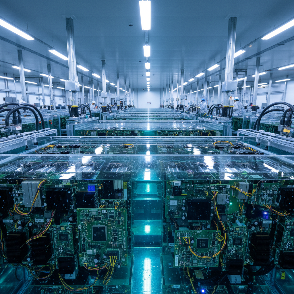 Bitcoin mining facility with rows of ASIC miners and cooling systems