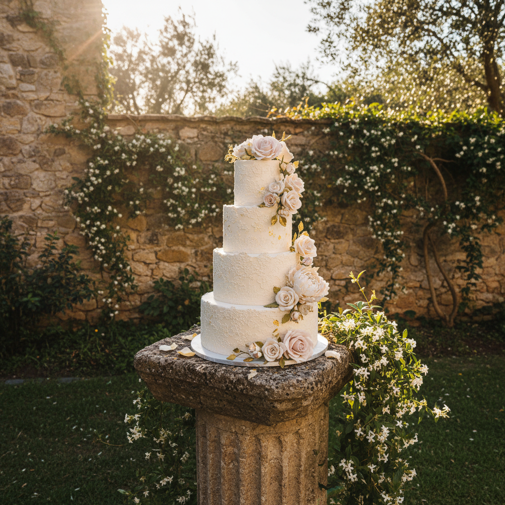 Three-tier wedding cake on stone pedestal in walled garden, late afternoon golden light with trailing jasmine
