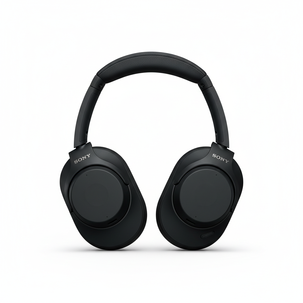 Black Sony over-ear noise cancelling headphones on white background