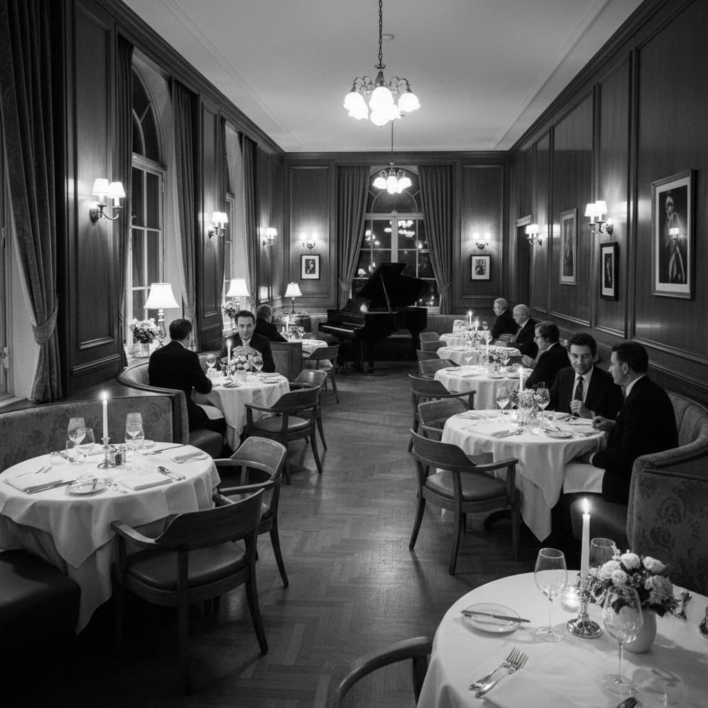Black and white photo of elegant 1972 restaurant interior with couples dining