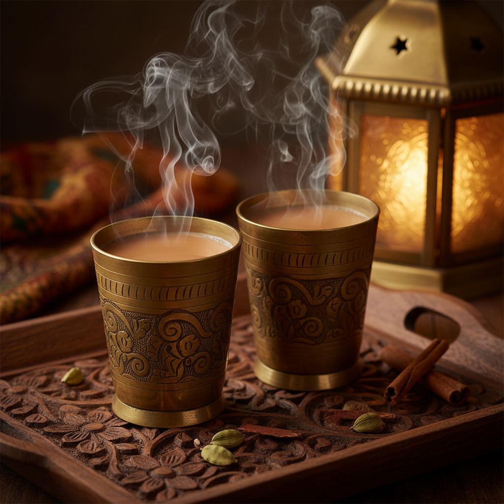 Brass chai glasses on a carved wooden tray catching warm lantern light, steam rising