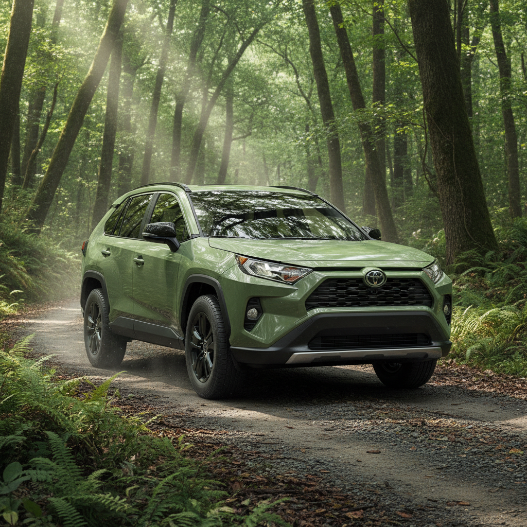 2022 Toyota RAV4 Adventure in army green on a forest trail with dappled sunlight