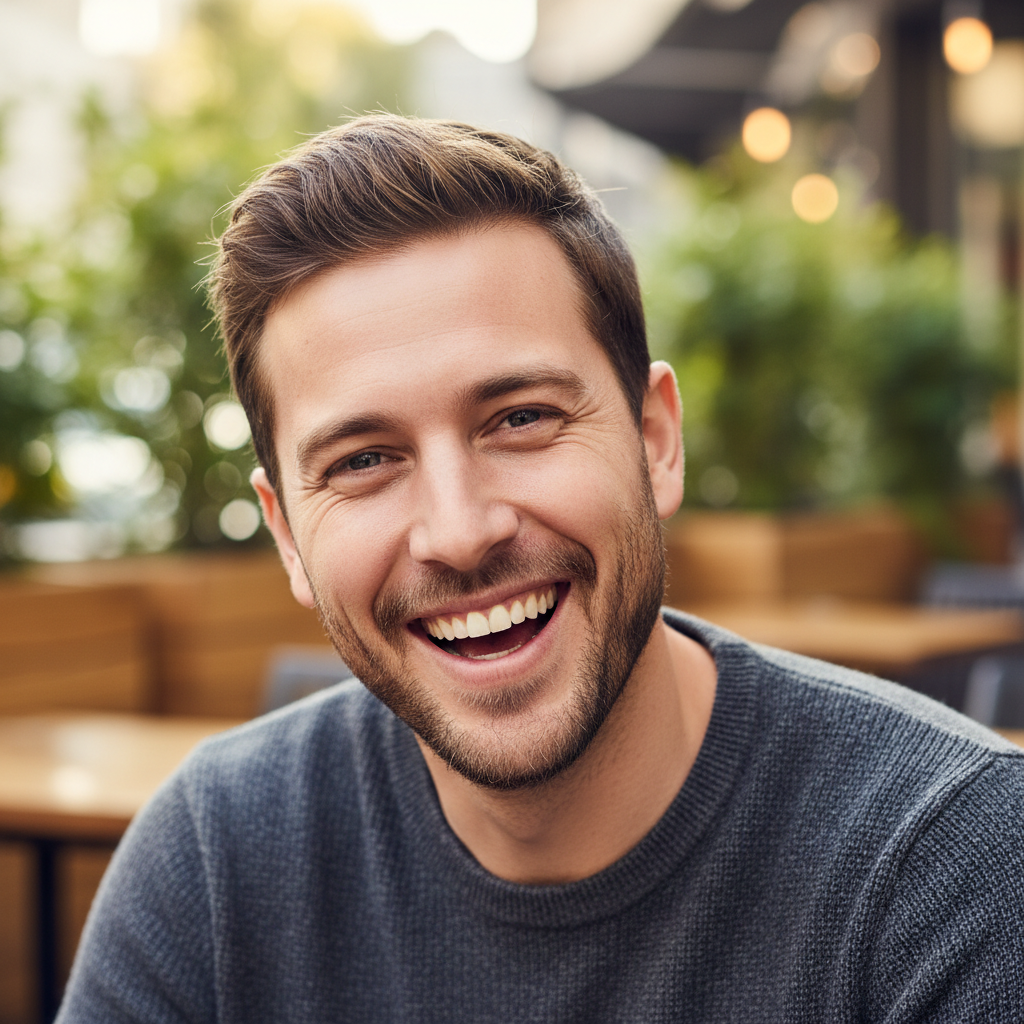 Portrait of senior Caucasian man with white beard in gray sweater with friendly expression