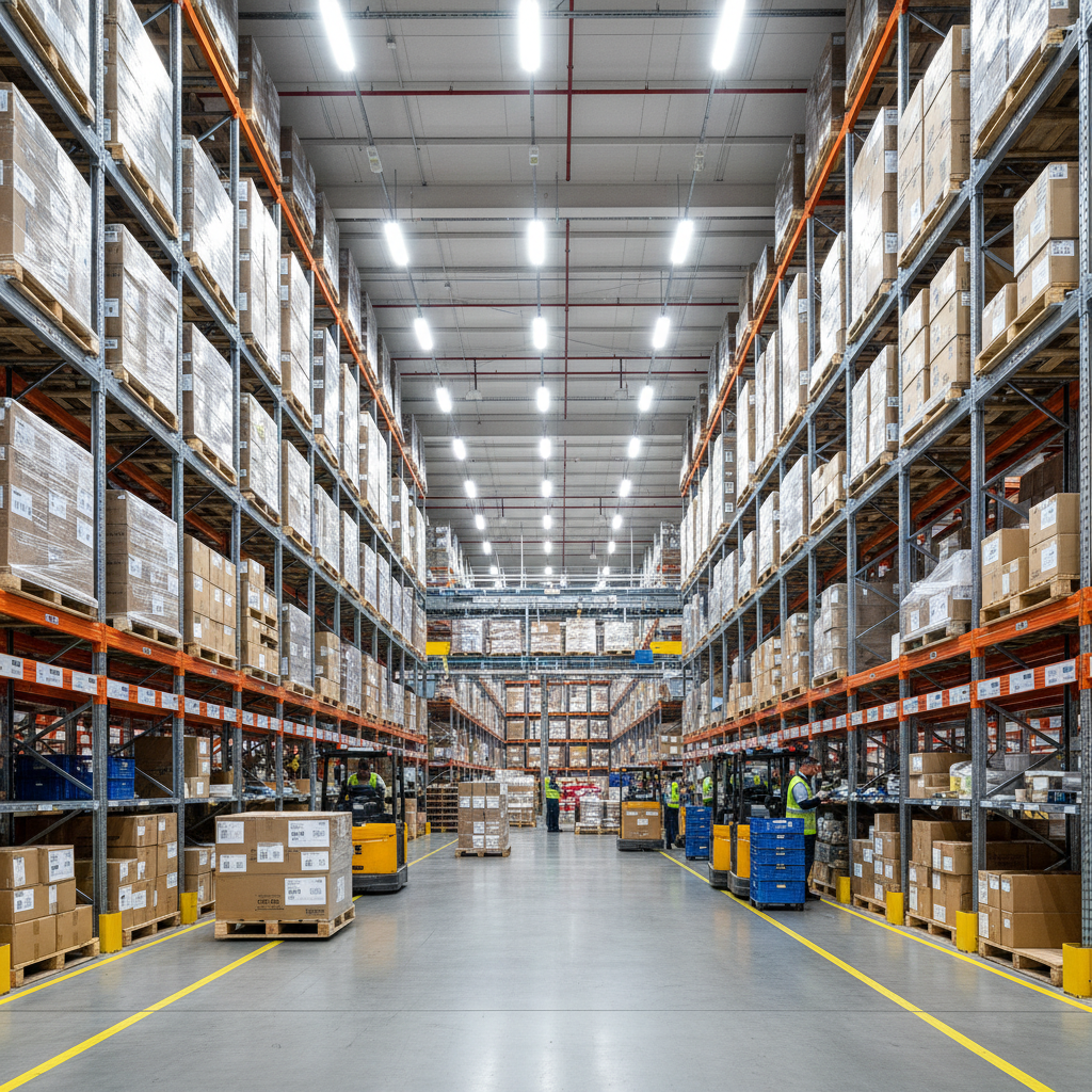 Large warehouse space filled with organized handicraft inventory and shipping materials