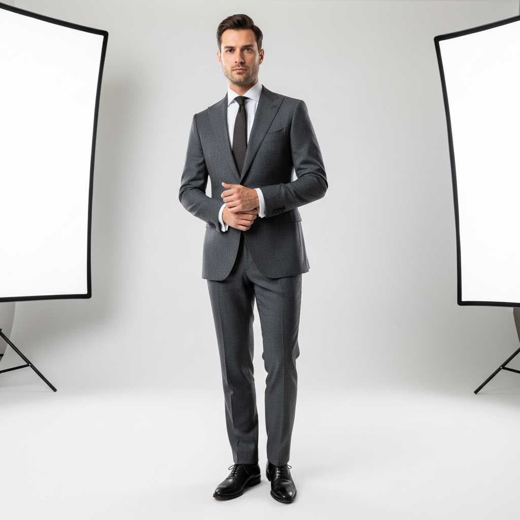Men fashion editorial, well-lit studio, model in tailored suit