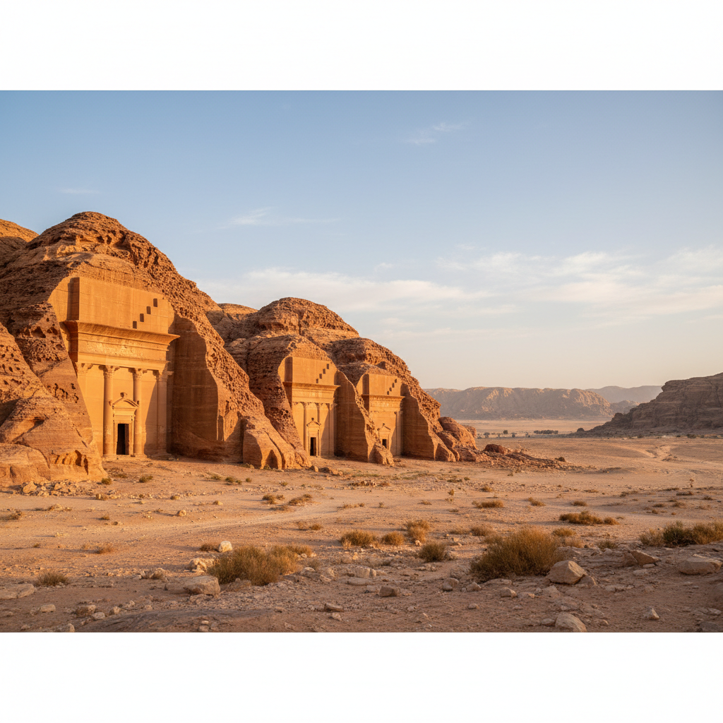 Nabataean tombs carved into sandstone cliffs at Hegra ancient city in Saudi Arabia