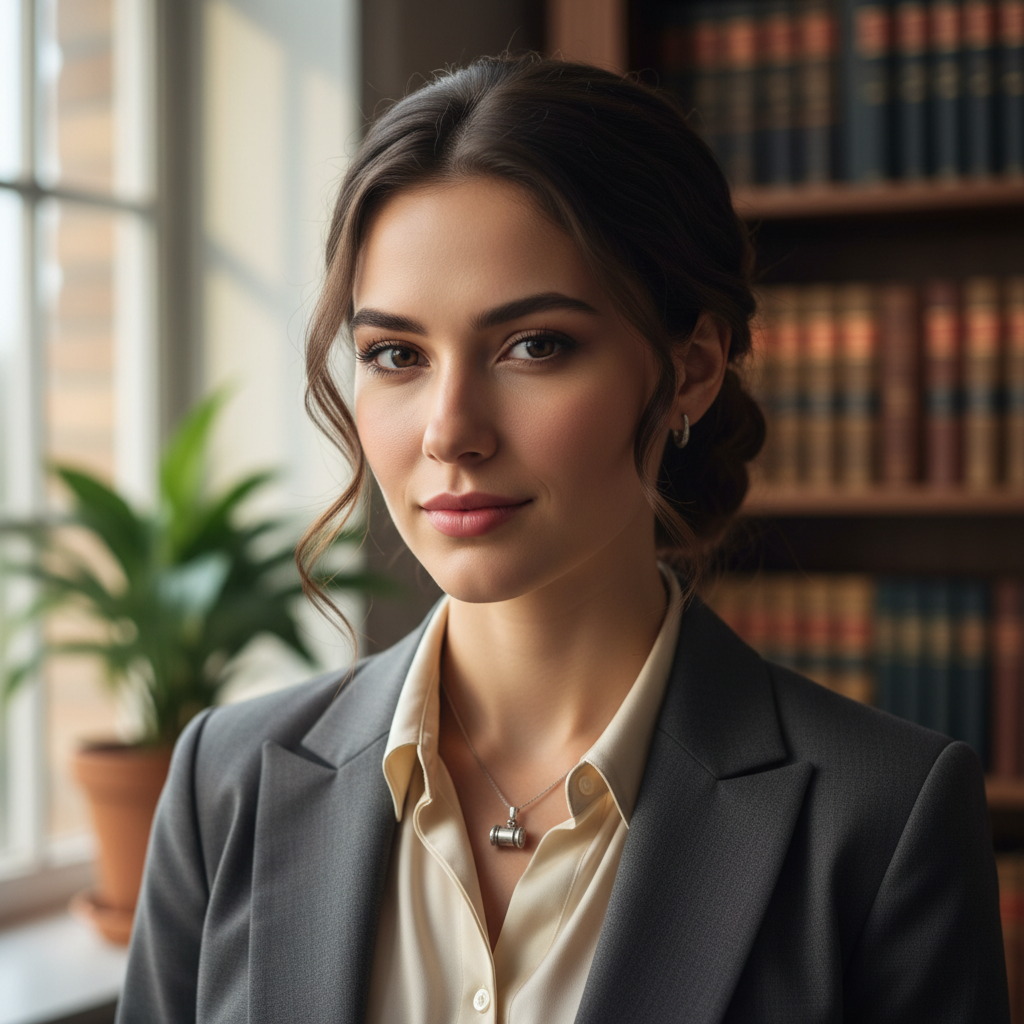 Female attorney in business attire, confident expression, bright office setting
