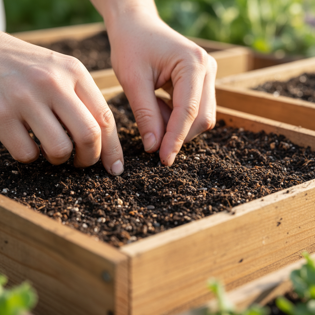 Hands pressing seeds into rich dark compost in a wooden seed tray