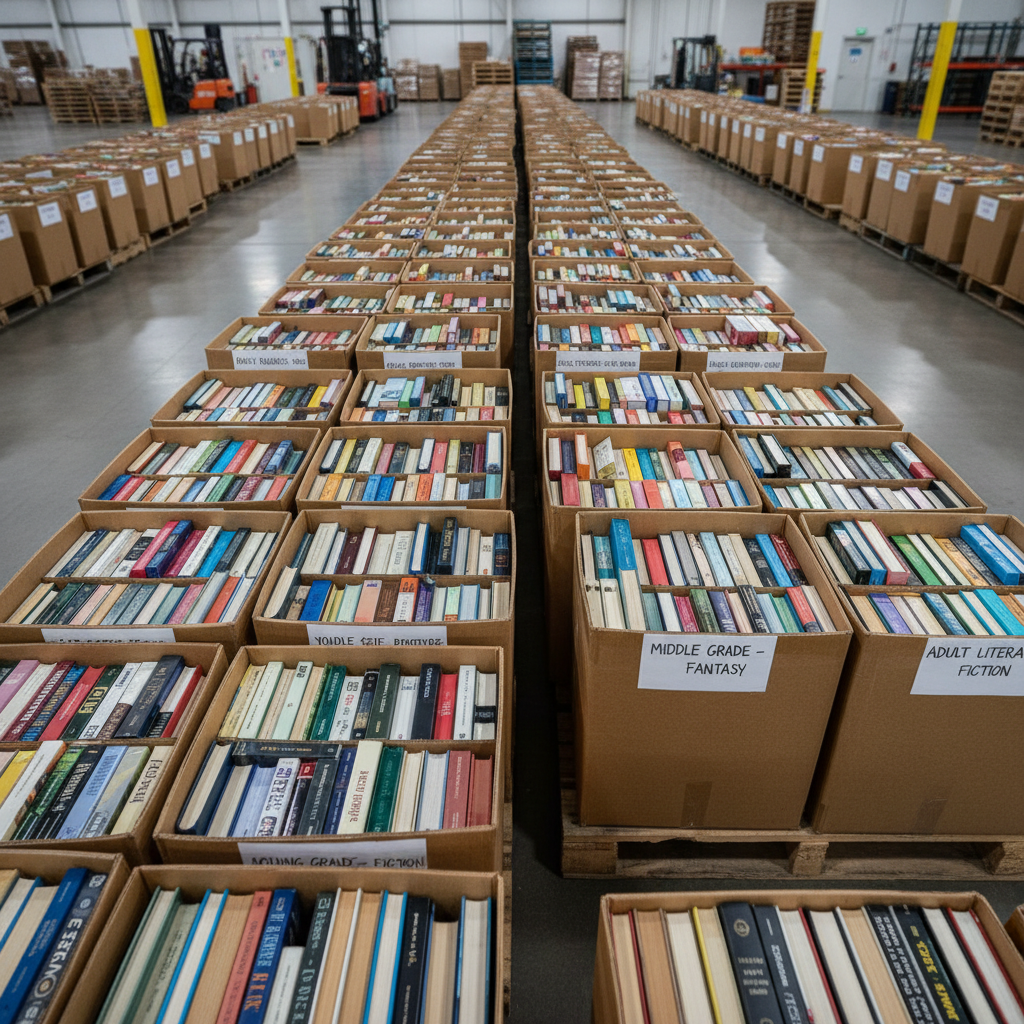Rows of sorted books in labeled cardboard boxes ready for shipment, organized by reading level and genre with handwritten tags