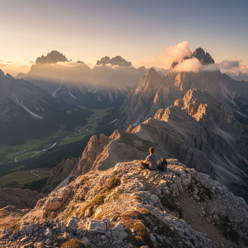 Solo traveler sitting on a mountain ridge at golden hour, small figure against vast Dolomites landscape, contemplative mood