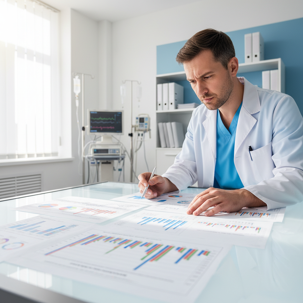 Medical professional reviewing data charts in clinical setting