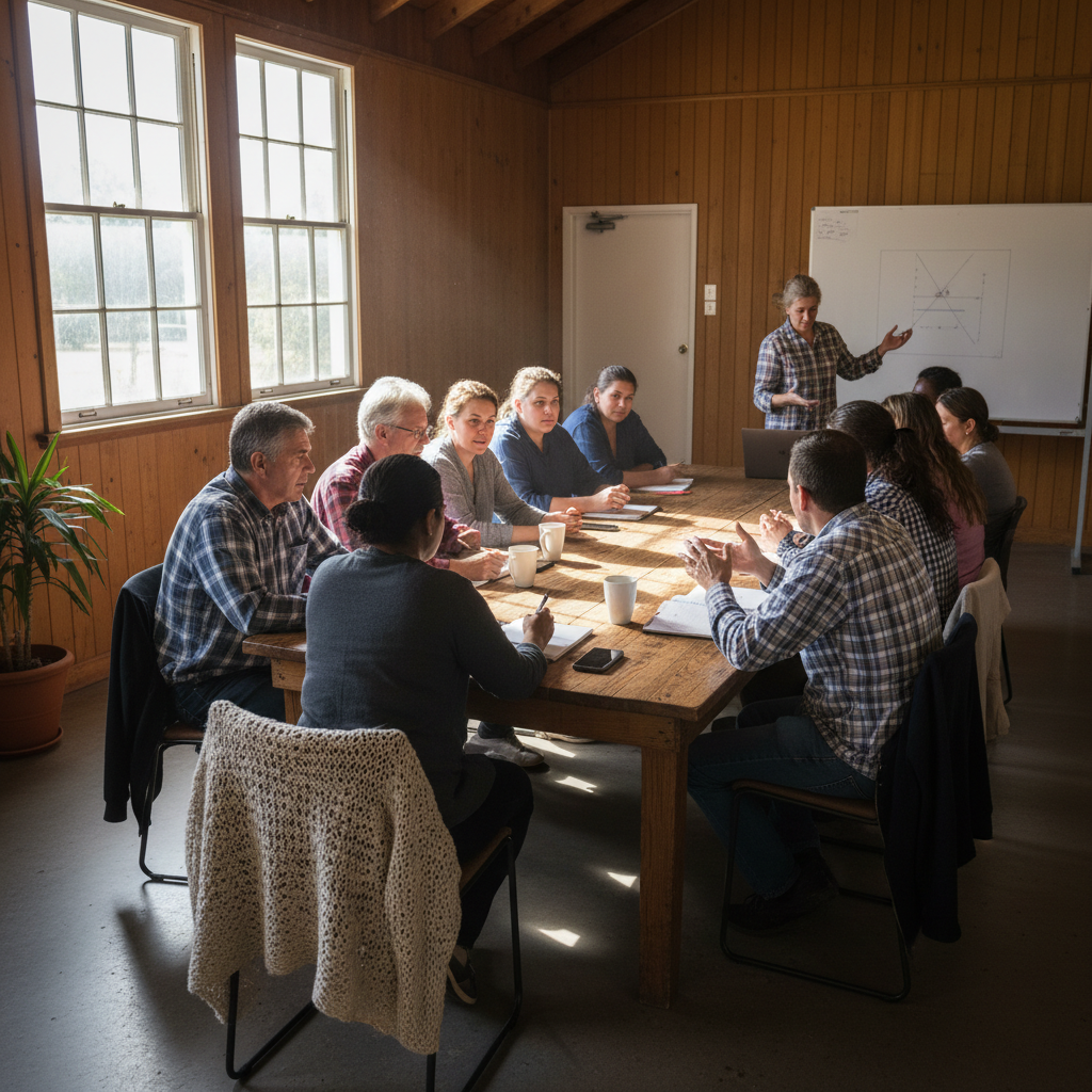 Regional Australian community members collaborating around a table in a community hall