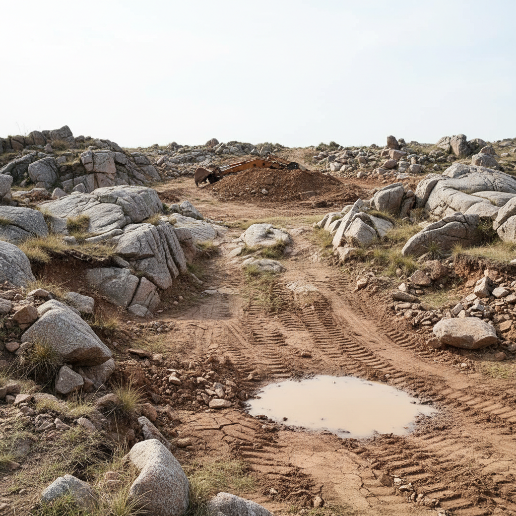 Raw excavated terrain with exposed granite and clay soil, a failed garden site before redesign