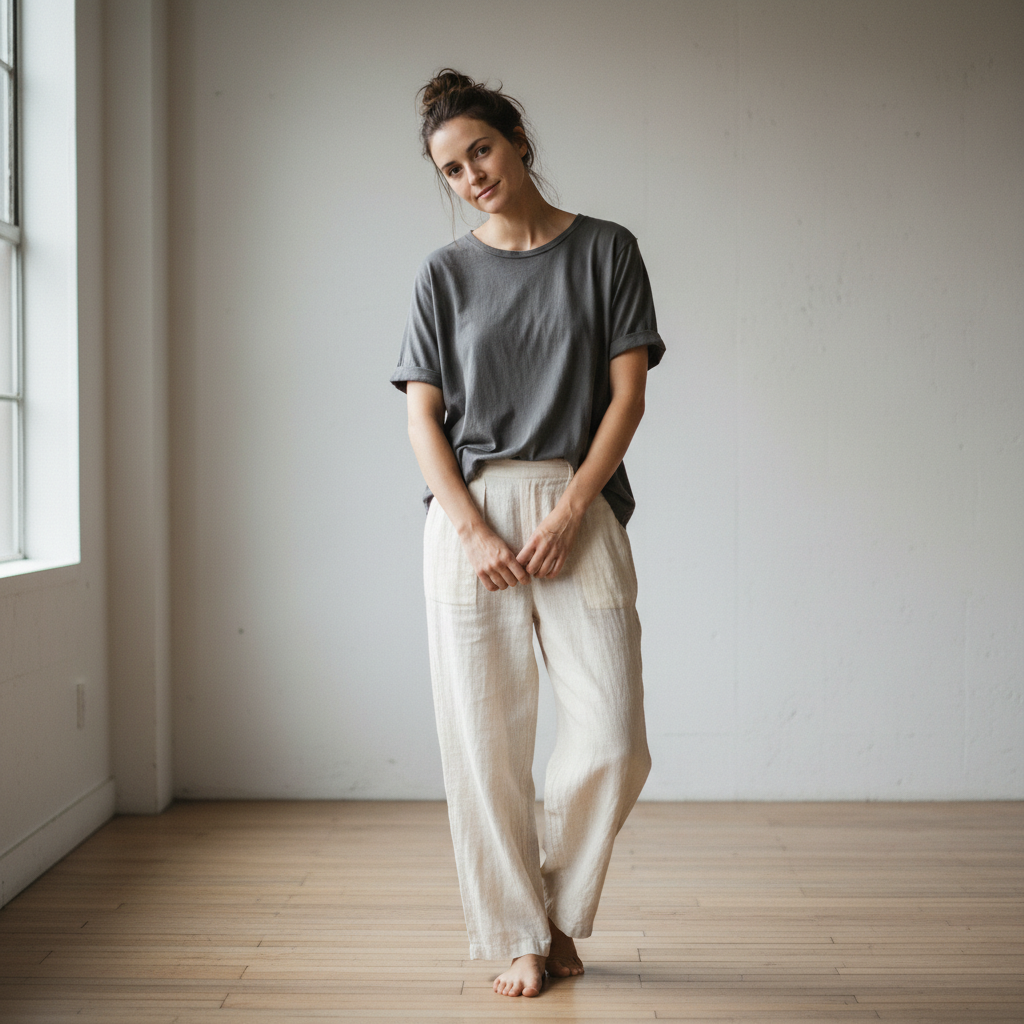 Woman in plain trousers and top, unstyled look