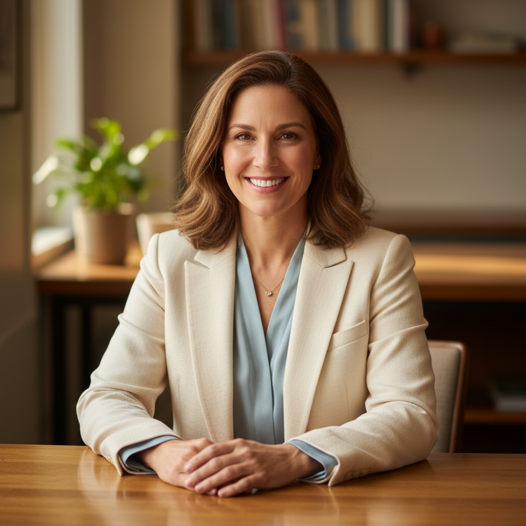 Elena Vasquez, Counsel facilitator, a woman in her 40s with warm professional presence, seated at a wooden table