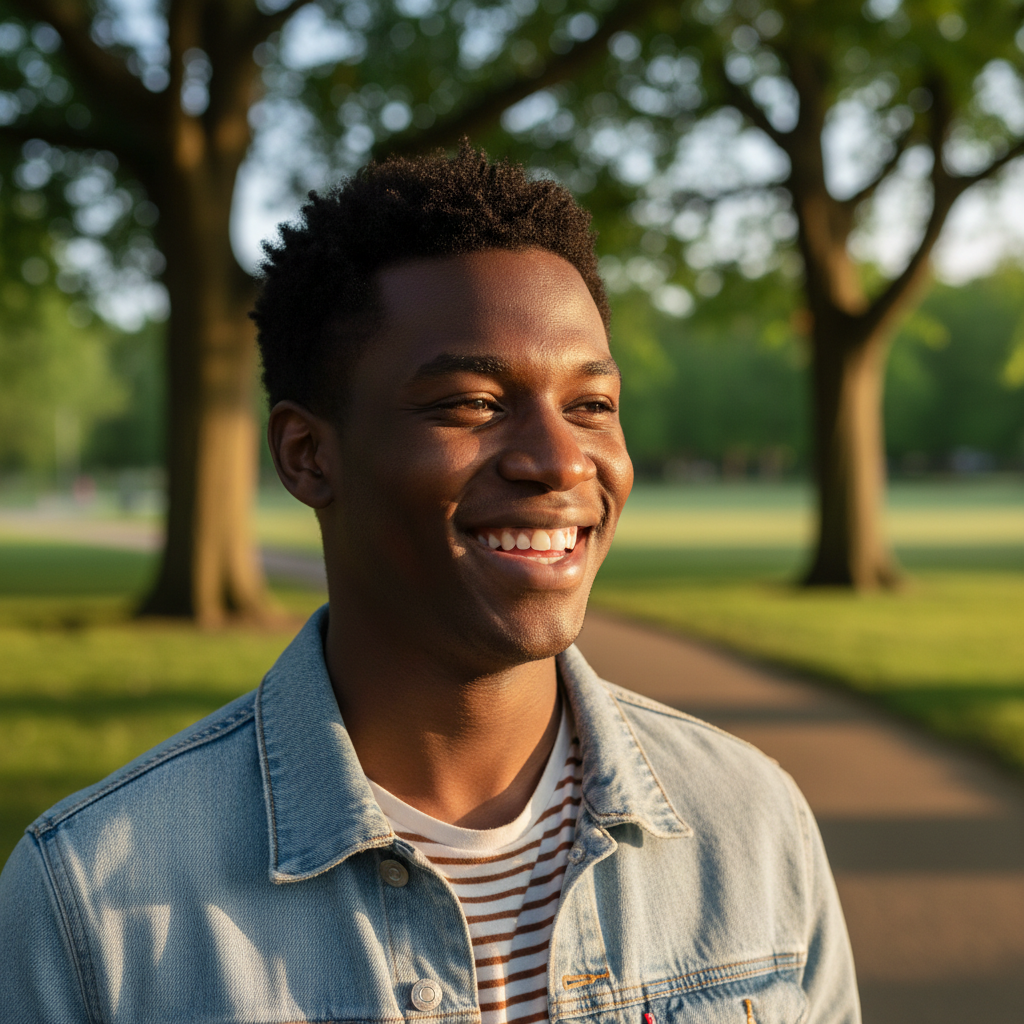 Young African man in a field, confident expression, outdoor setting