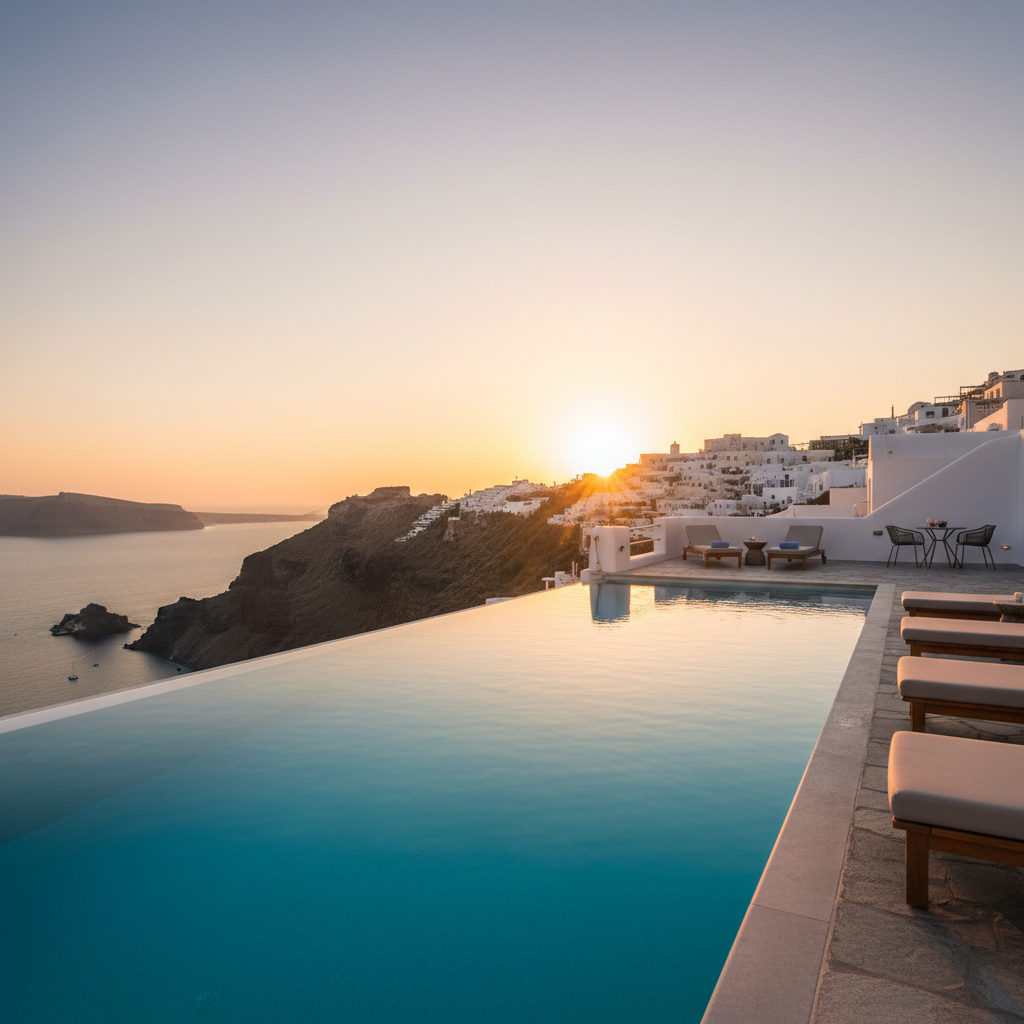 Luxury infinity pool overlooking Santorini caldera with sunbeds and Aegean sea view