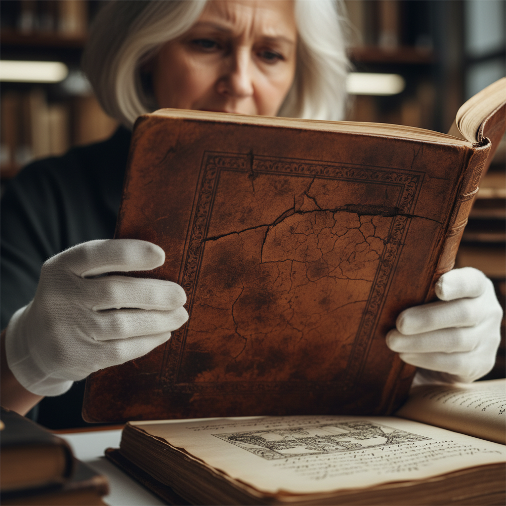 Silver-haired woman conservator in white cotton gloves examining a historic leather-bound folio under archival lighting