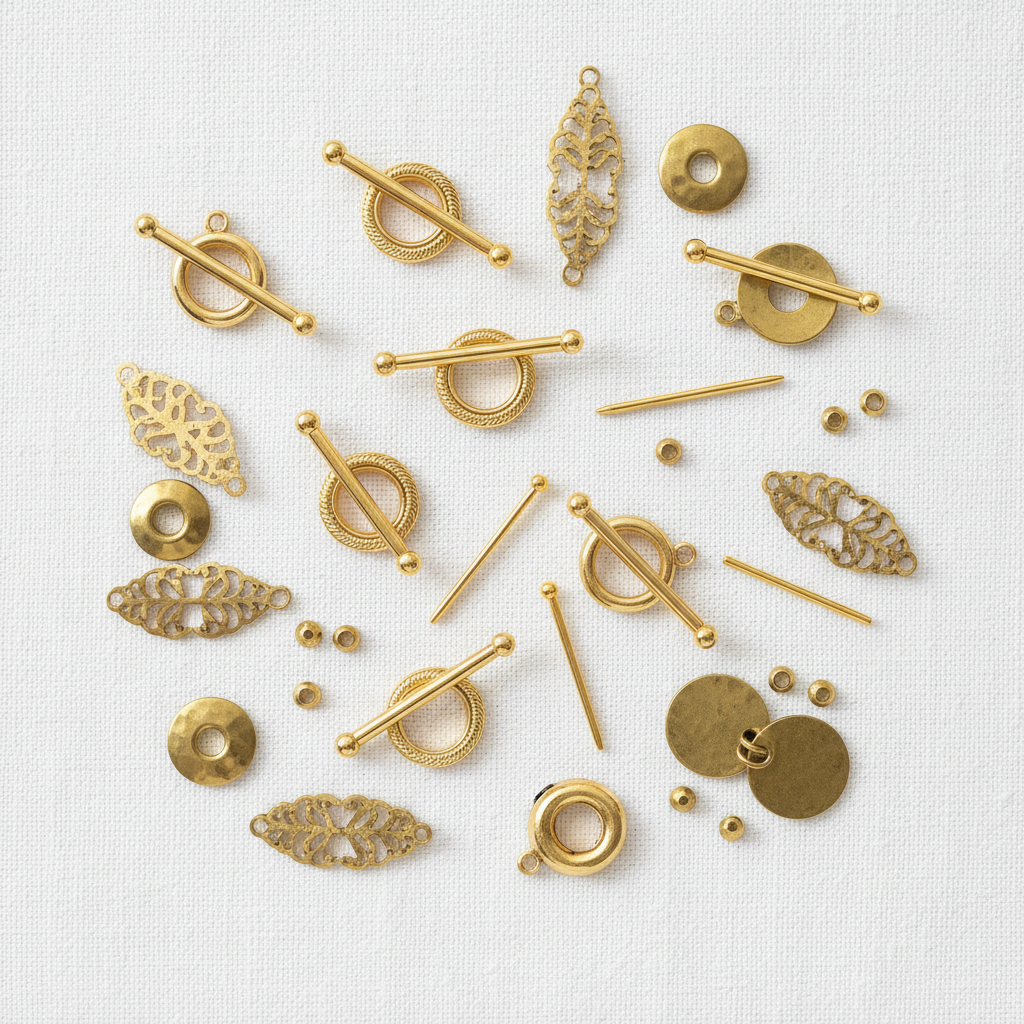 Gold-fill toggle clasps, headpins, and brass findings arranged on white linen surface
