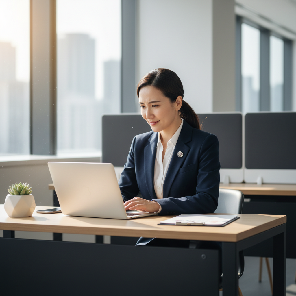 Professional female insurance agent smiling in modern office setting