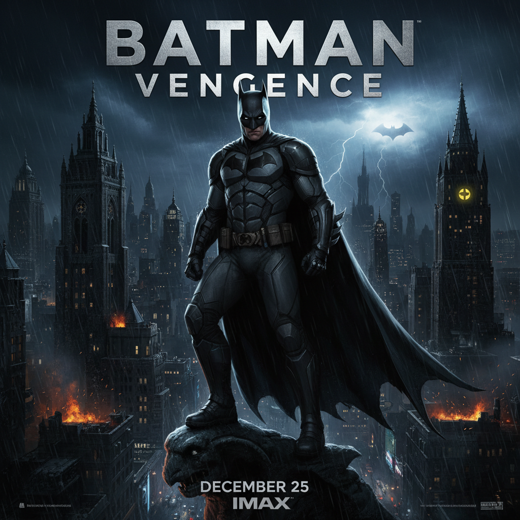 Dark superhero movie scene with a caped figure in rainy Gotham city at night