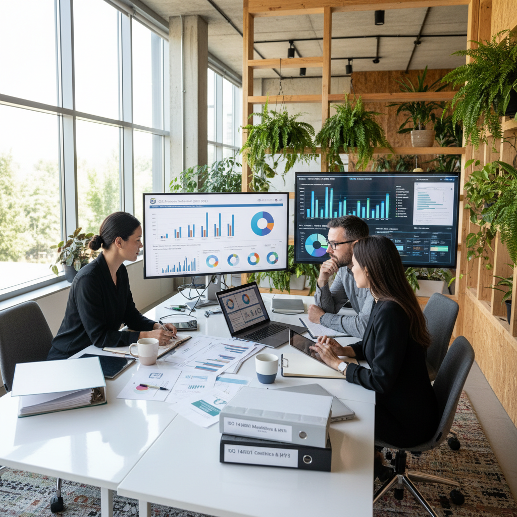 Environmental compliance team in professional office setting, bright well-lit conference room, team reviewing compliance documentation