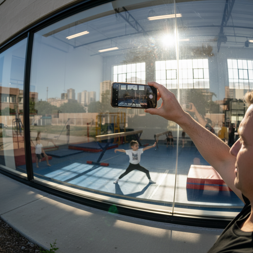 Parent filming through gym viewing window with phone held up, child visible on mat