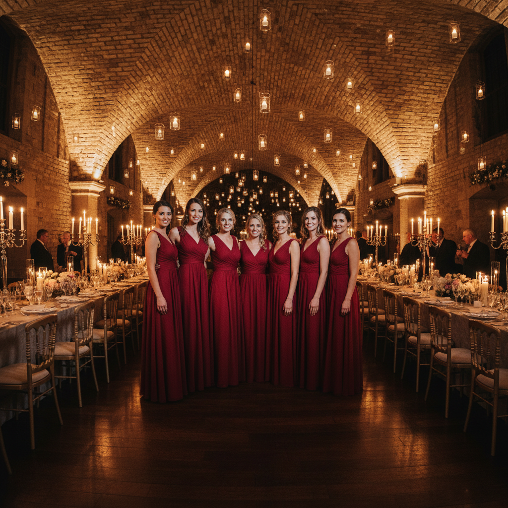 Six bridesmaids in garnet column gowns at candlelit reception hall with vaulted brick ceiling