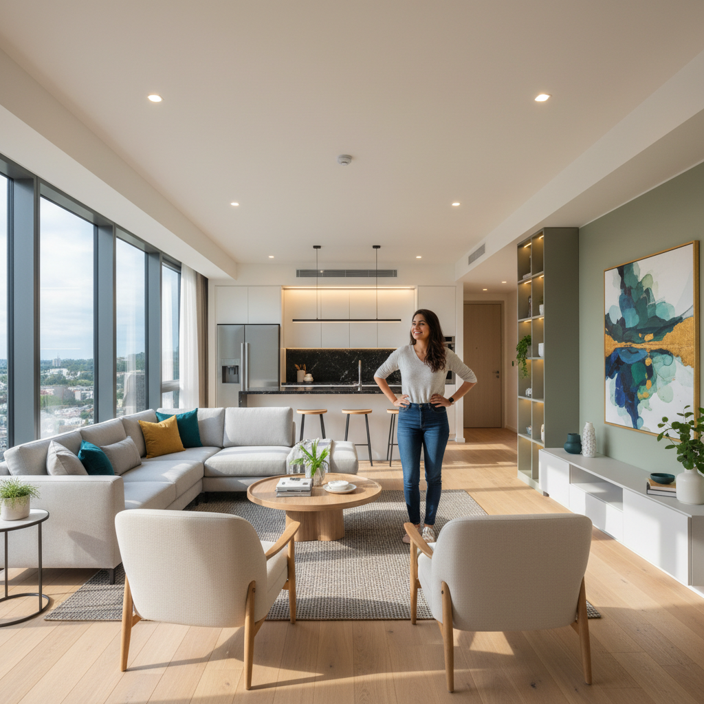 Filipino woman smiling at home, bright sunlit living room, warm natural light, clean white walls