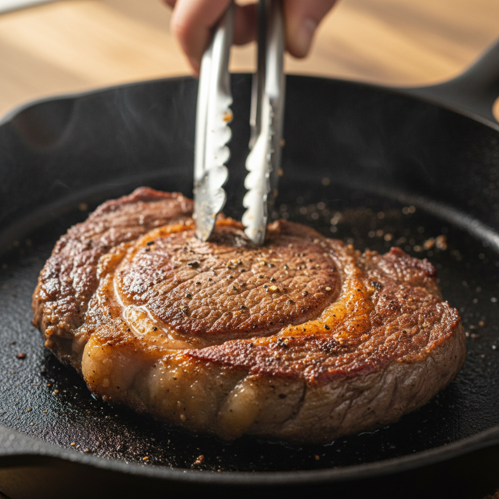 Grilled rump steak with perfect char marks on dark cast iron