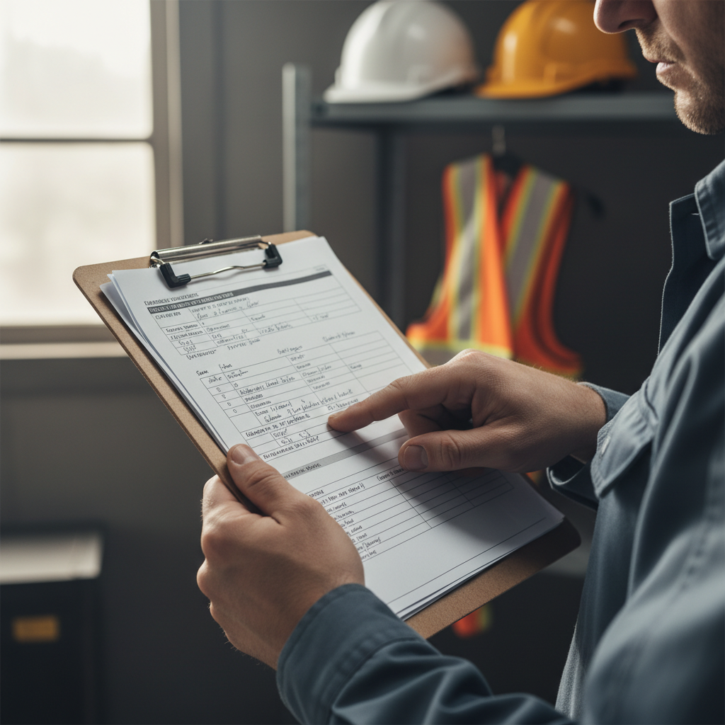 Mining safety inspector reviewing compliance documents and inspection forms on clipboard