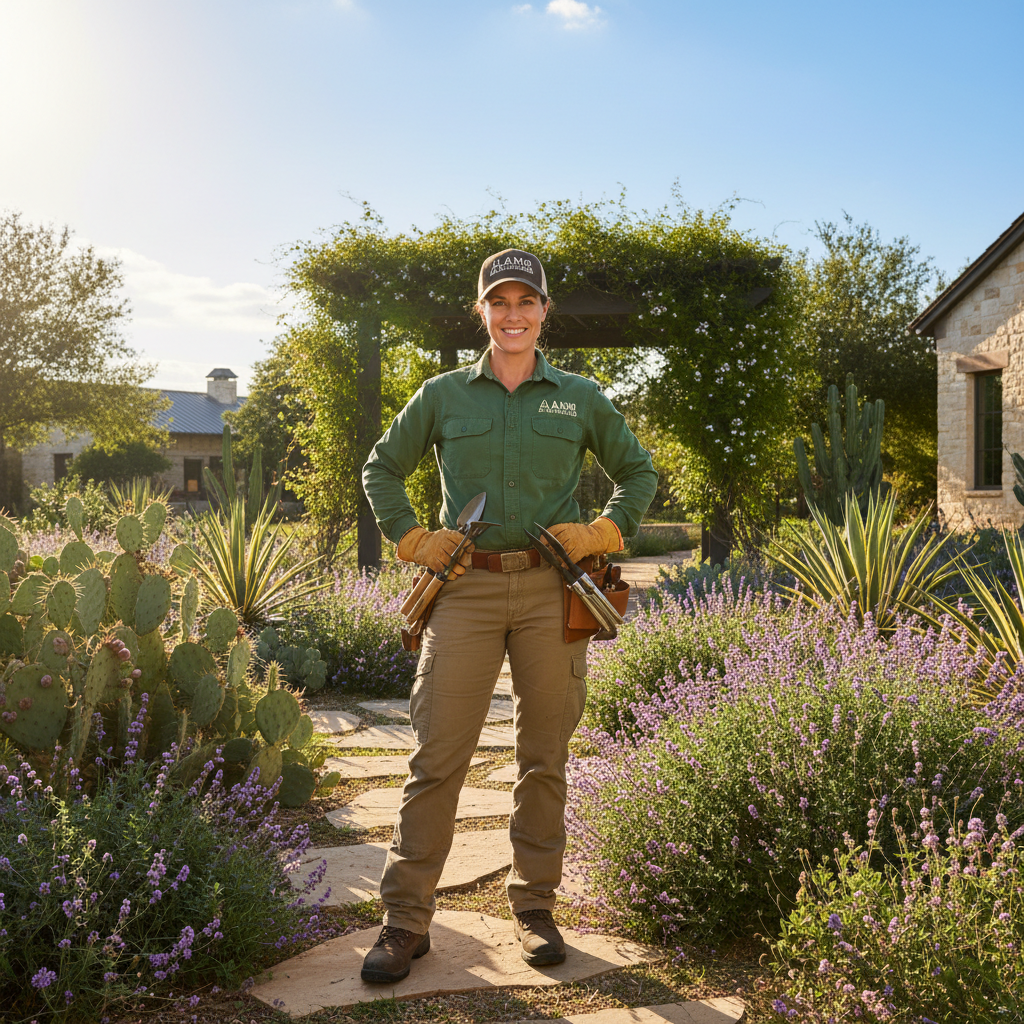 Emma Walsh, female landscaper standing in a garden