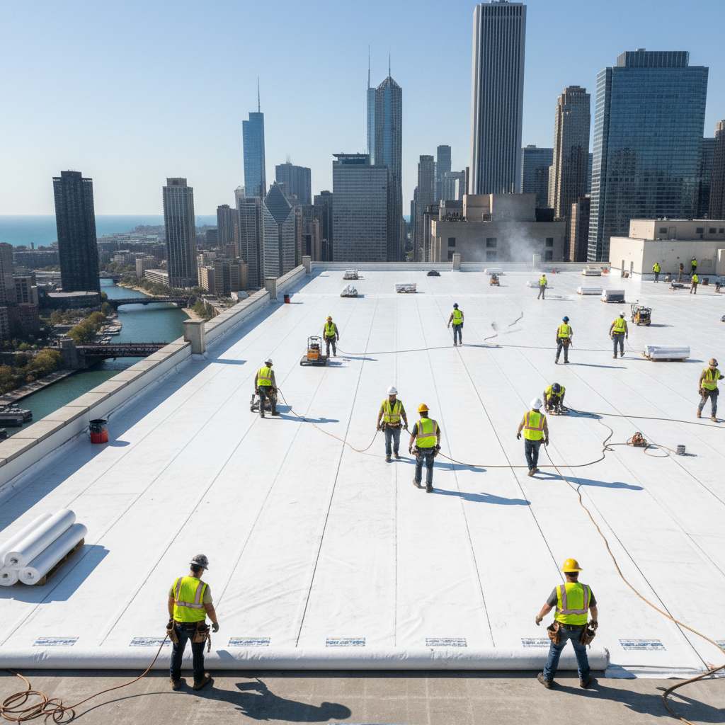 Flat roof membrane installation — workers applying white TPO roofing membrane on a flat commercial rooftop