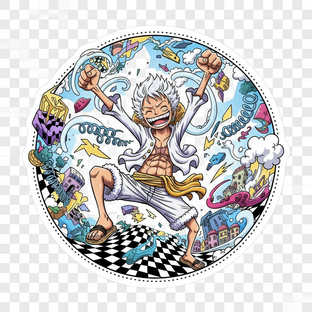 Monkey D. Luffy action figure in white Gear 5 transformation with joyful expression in bright display